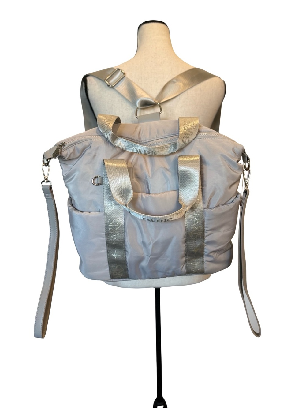Paris Hilton Convertible Diaper Bag Gray Puffer Backpack Crossbody Pink Lining